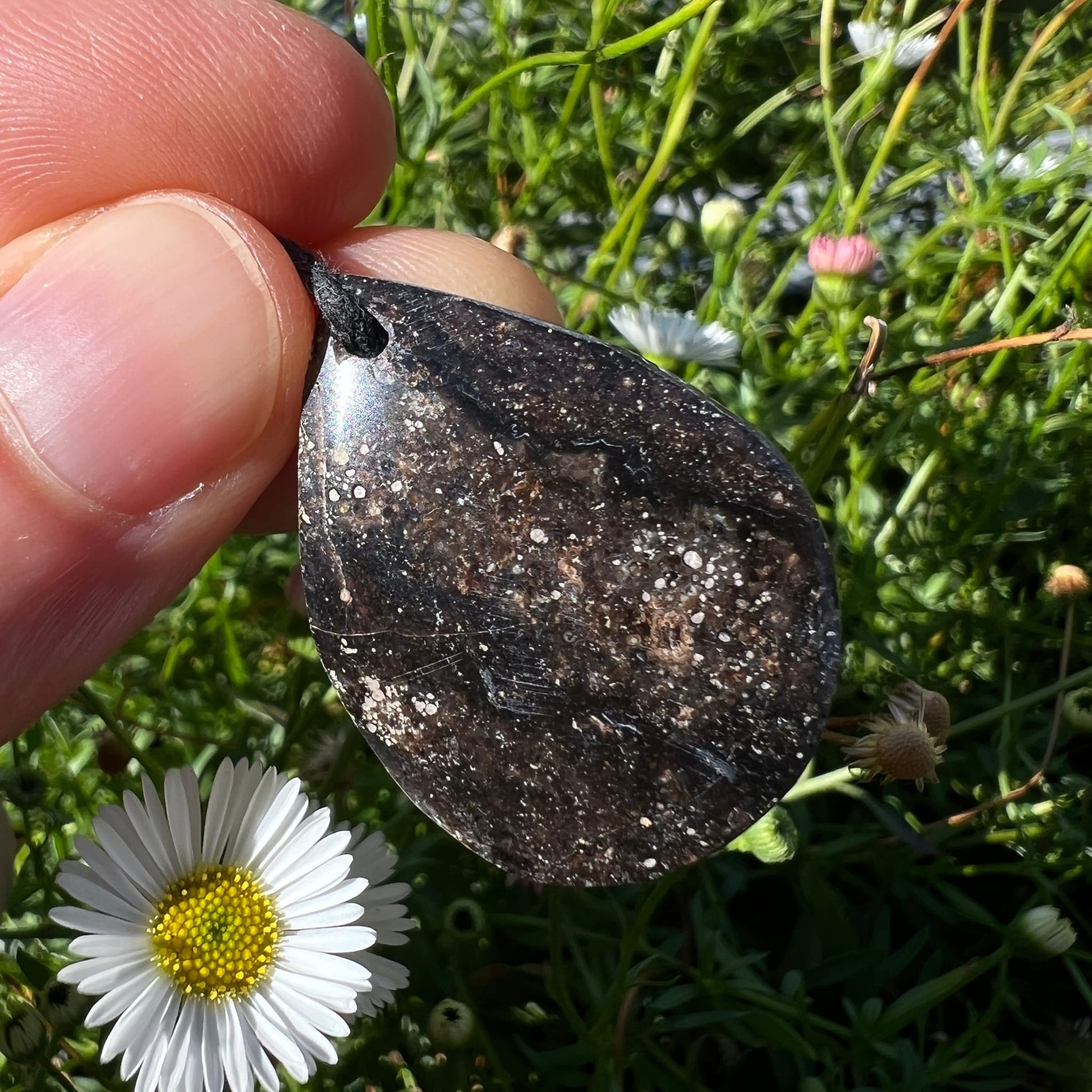 Mystischer Merlinit Anhänger | Vorderseite | dunkle Galaxymaserung | Gänseblümchen | Happy Minerals