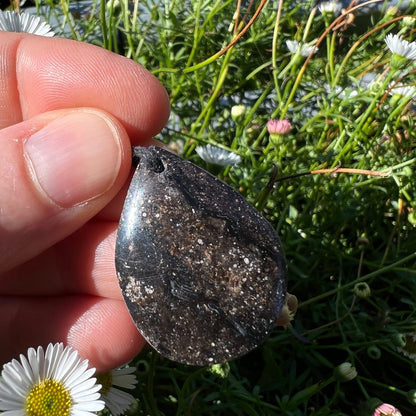Mystischer Merlinit Tropfen | zwischen Fingern | tief schwarze Maserung | Natur | Happy Minerals