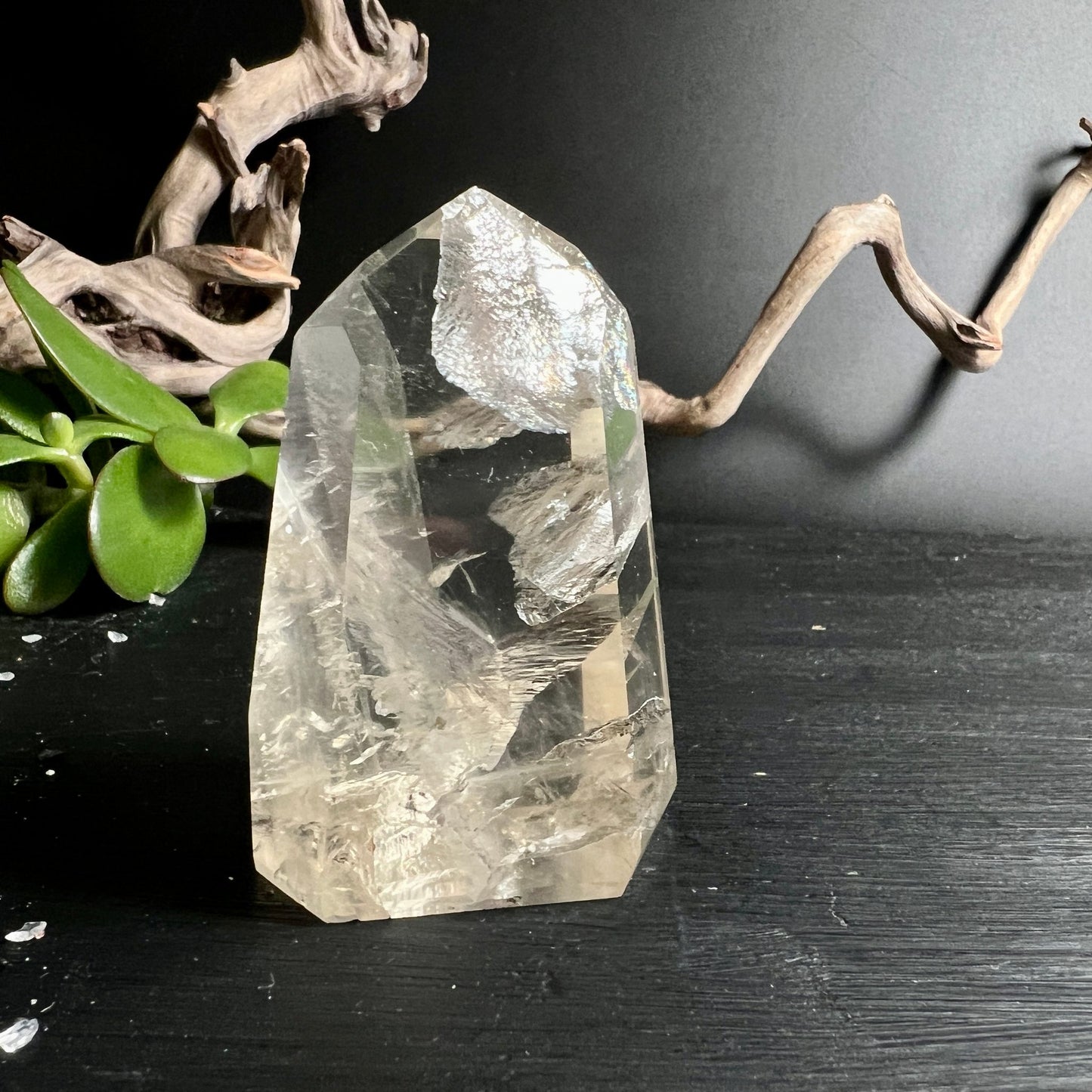 Naturcitrin Turm | seitliche Ansicht | natürliche Einschlüsse | warmes Licht | Happy Minerals Kristall