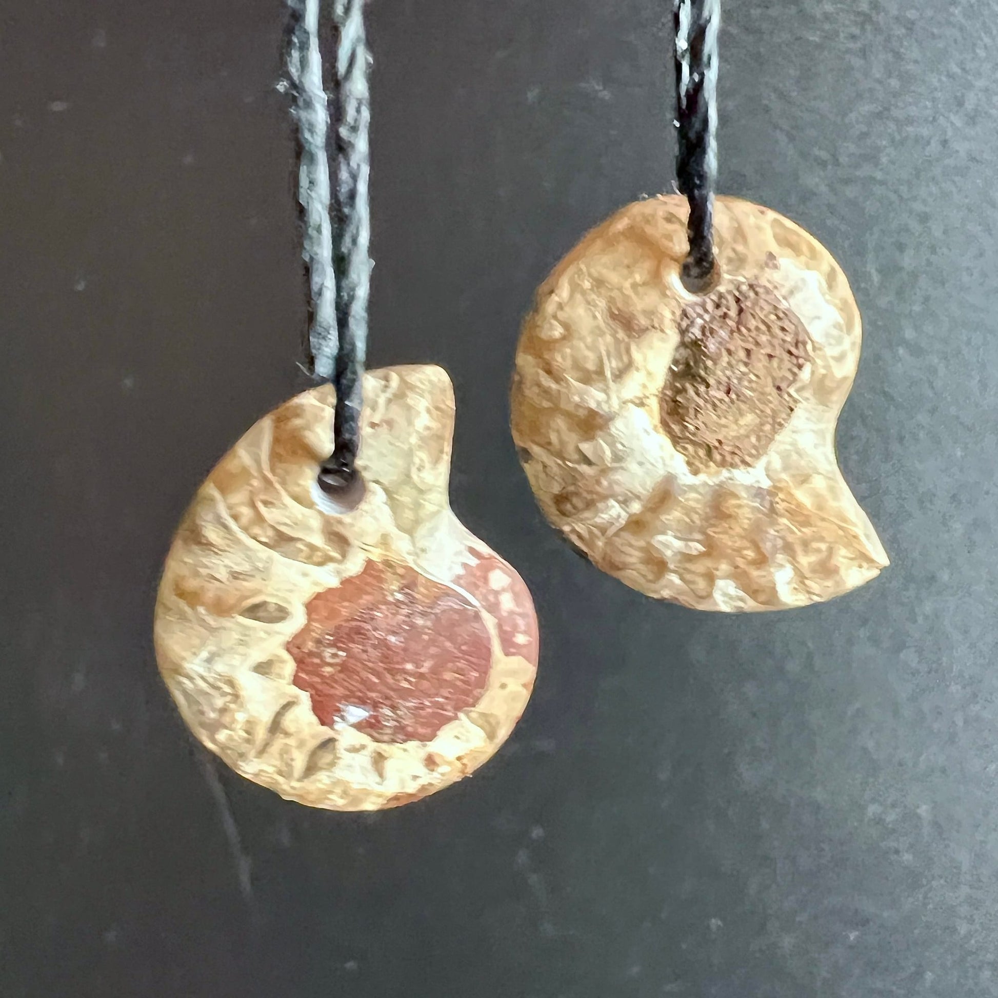 Zwei opalisierte Ammonit Anhänger, spiralförmig, cremig-beige mit rotbraunem und dunkelbraunem Zentrum, matter Naturoberfläche | Happy Minerals