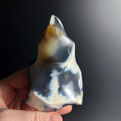 Orca Achat in Hand | Größenvergleich | schwarz-weiße Musterung | Madagaskar Flammen-Form | Happy Minerals