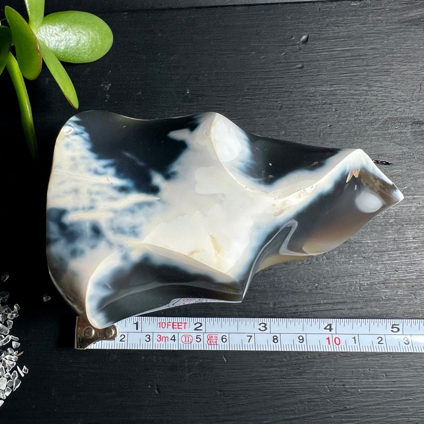 Orca Achat liegend | Maßband Größenangabe | 4 Zoll Flamme | Madagaskar Sammlerstück | Happy Minerals