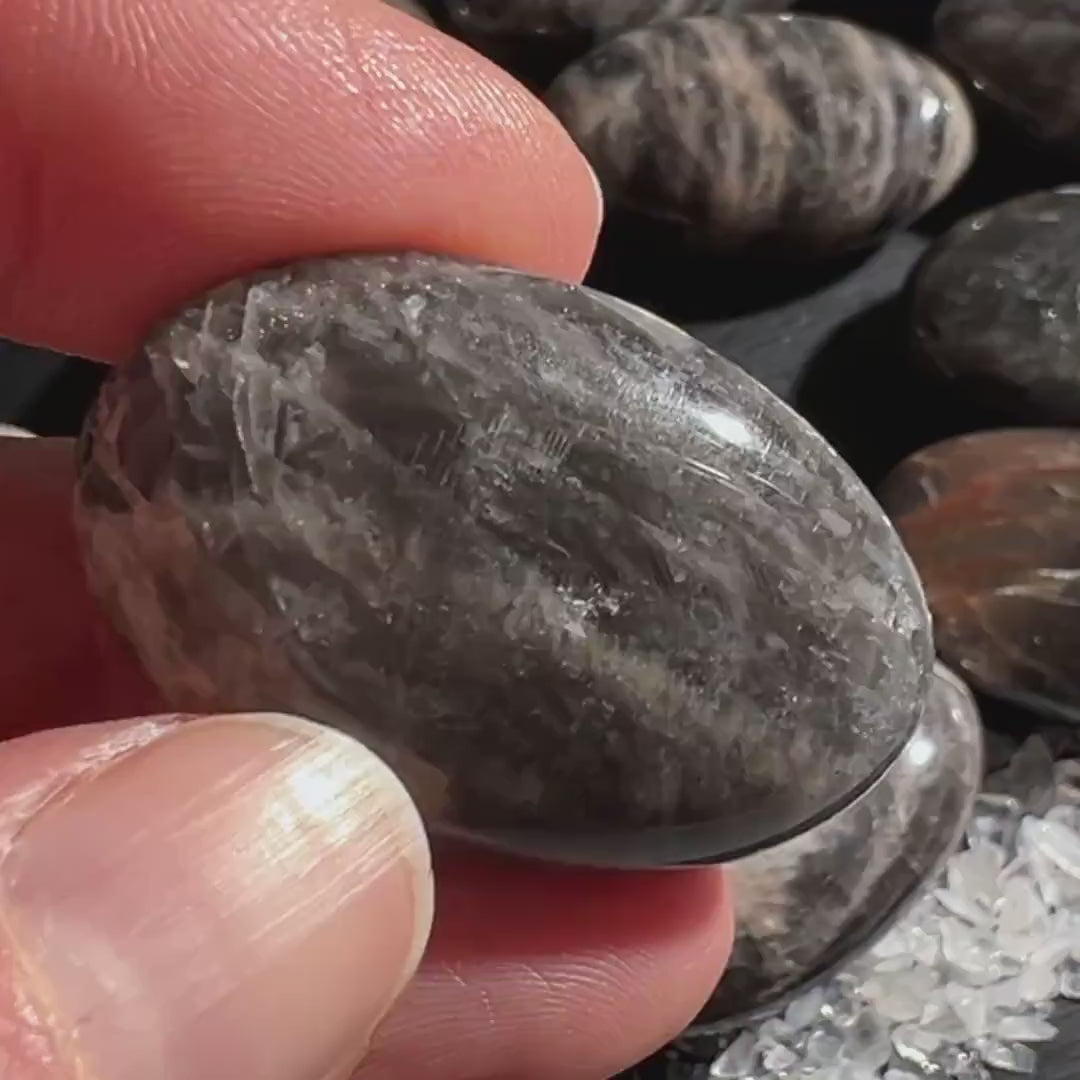 Schwarze Mondstein Handschmeichler aus Madagaskar, Top Qualität