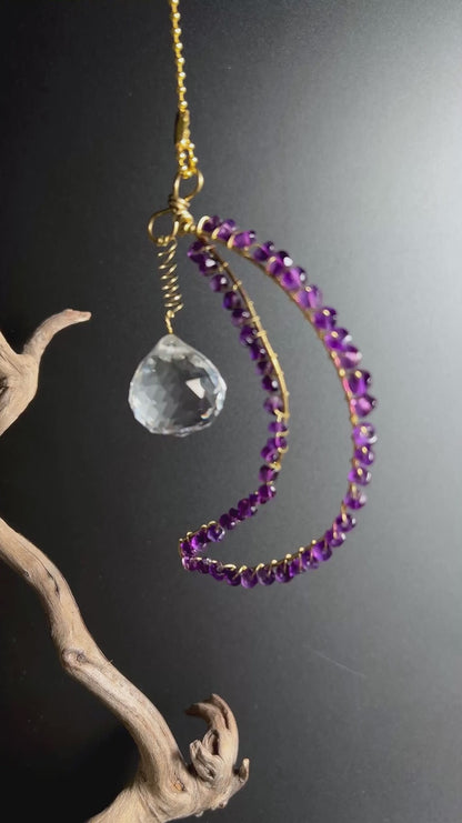 Amethyst Moon Crystal Suncatcher 9cm | Handmade Brass Moon Window Decoration | Rainbow Magic with Protective Energy