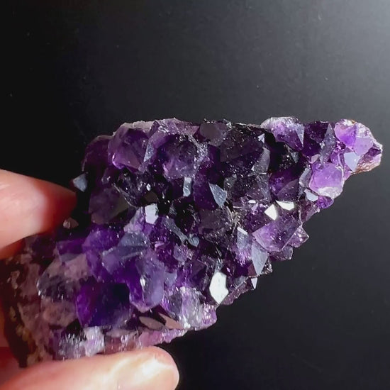 Video von Hand hält klassischen Amethyst mit tiefem Violett und kristallklarer Struktur | Happy Minerals