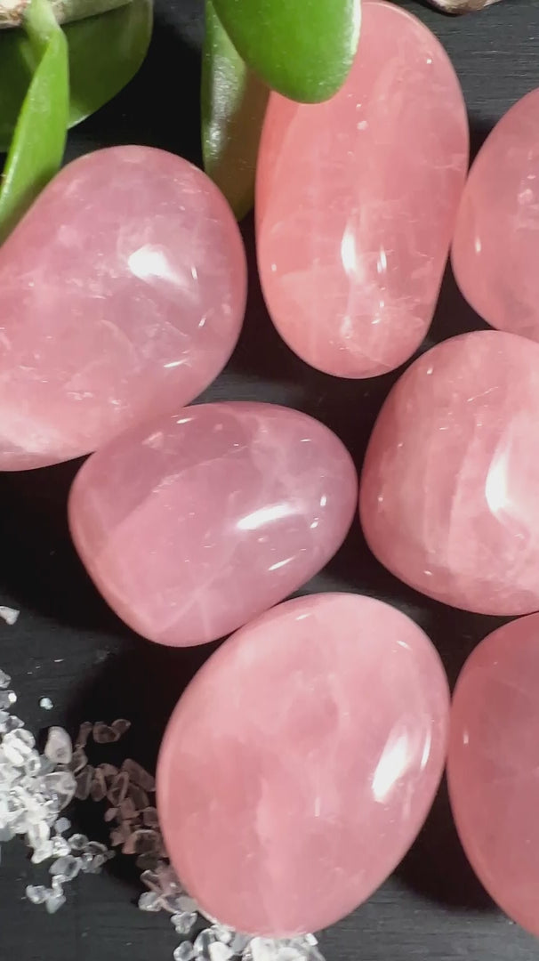 Pink Sternrosenquarz Handschmeichler in Handflaeche zartrosa Madagaskar