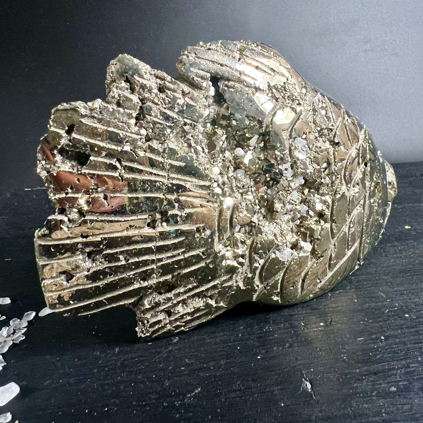 Pyrit Fisch Peru | Schwanzflossendetail | fächerförmig | goldglänzende Rippen | Unikat | Happy Minerals