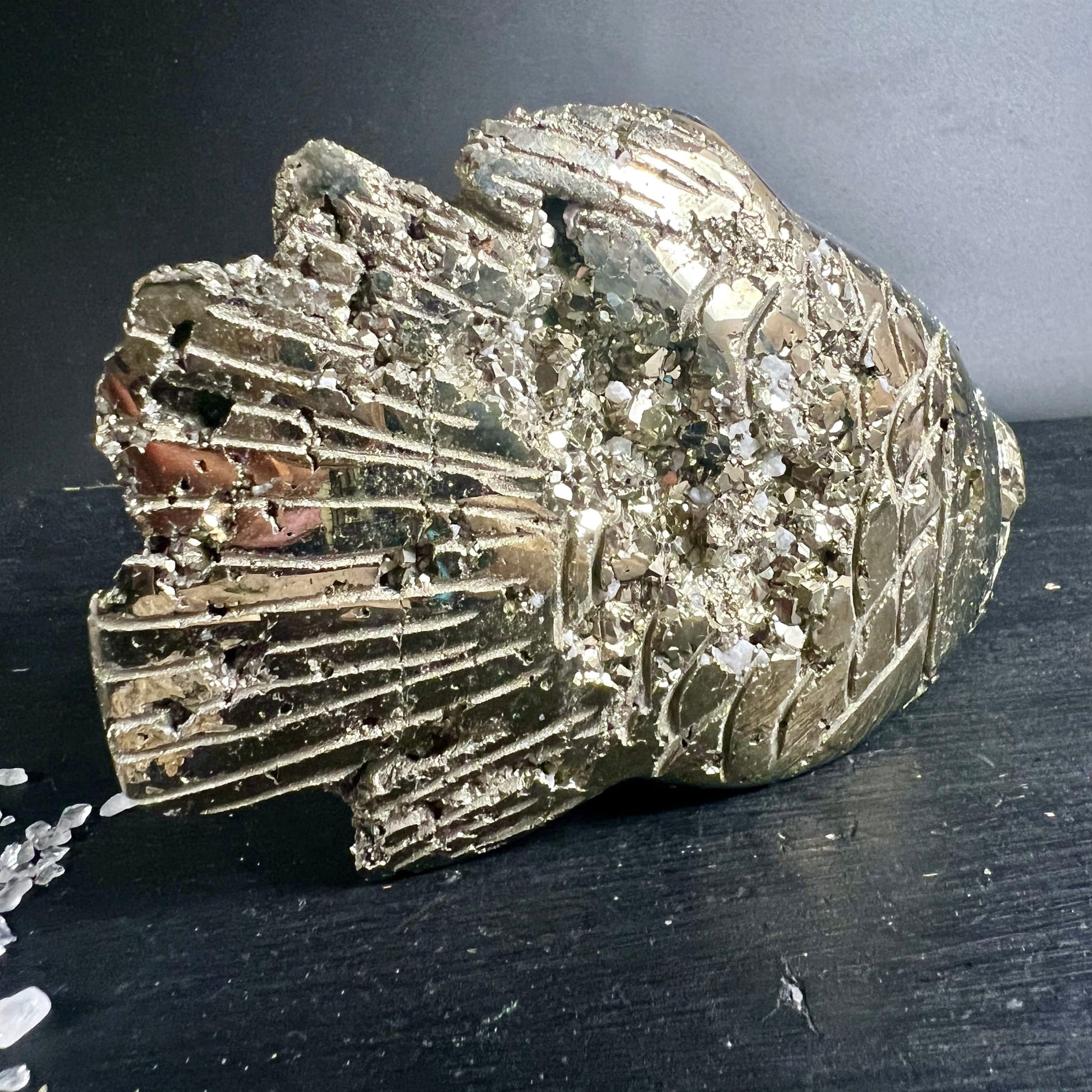 Pyrit Fisch Peru | Schwanzflossendetail | fächerförmig | goldglänzende Rippen | Unikat | Happy Minerals