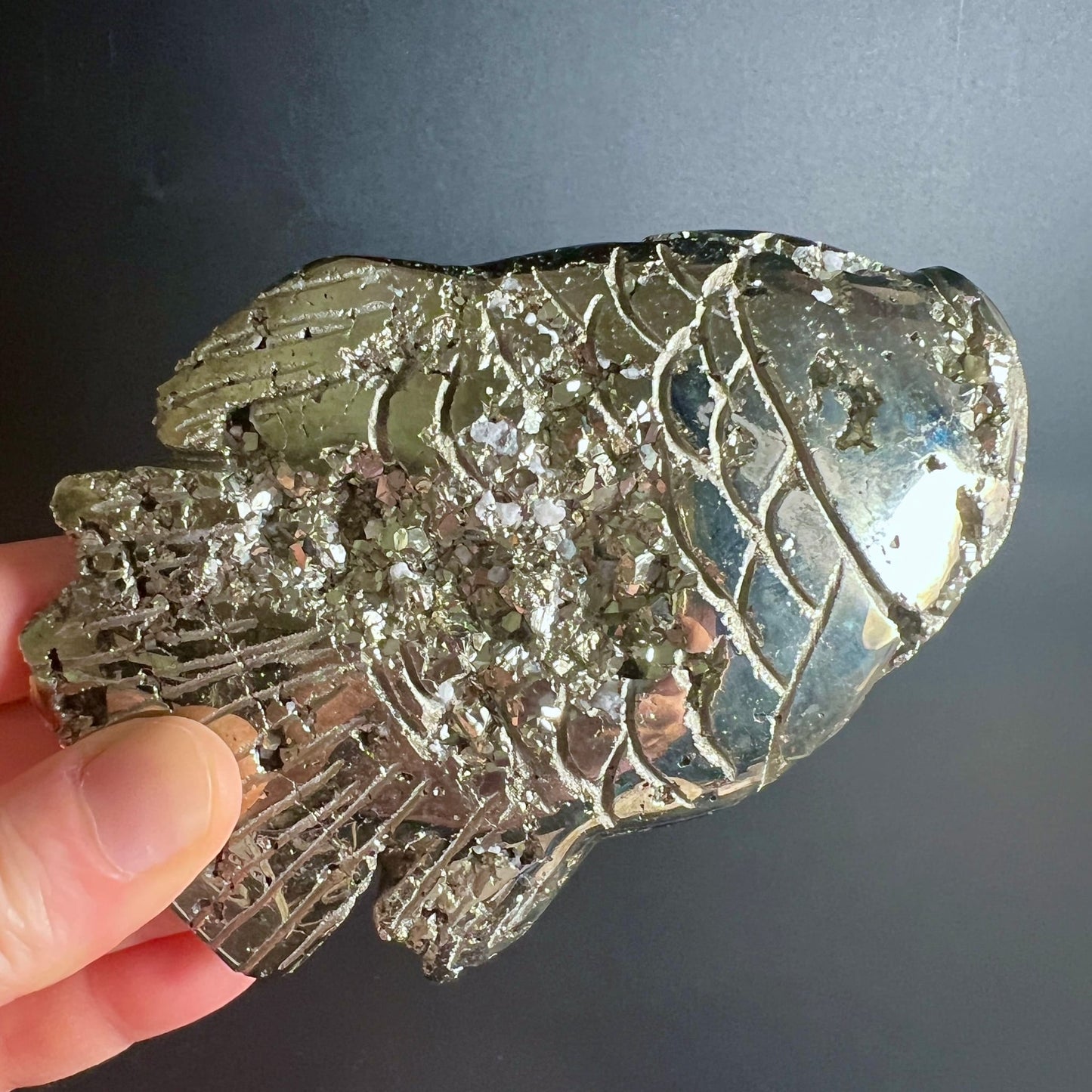 Pyrit Fisch Peru | in der Hand | Grössenvergleich | schillernde Schuppen | Unikat | Happy Minerals
