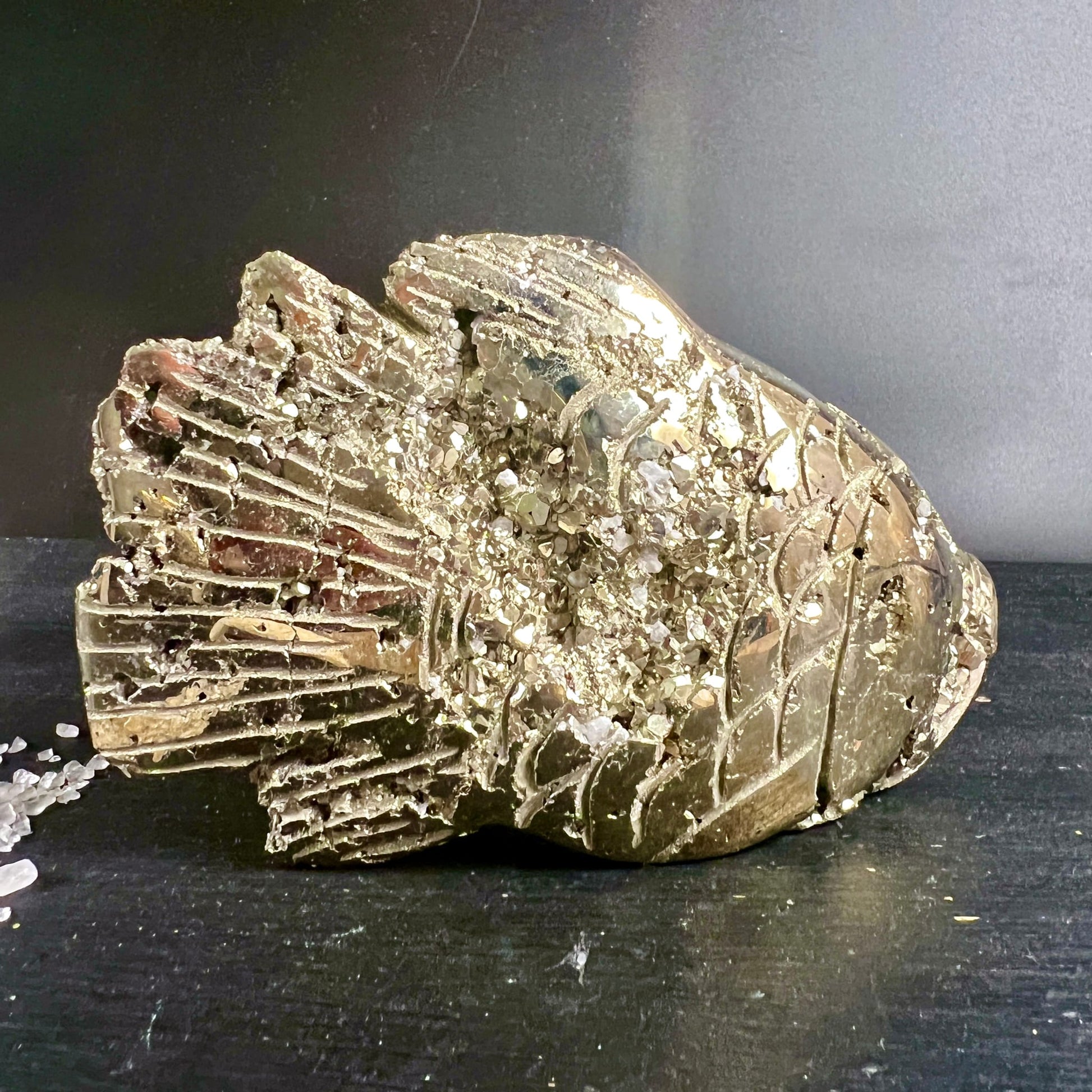 Pyrit Fisch Peru Unikat | goldglänzend | funkelnde Kristalle | Flossen & Schuppen | Happy Minerals