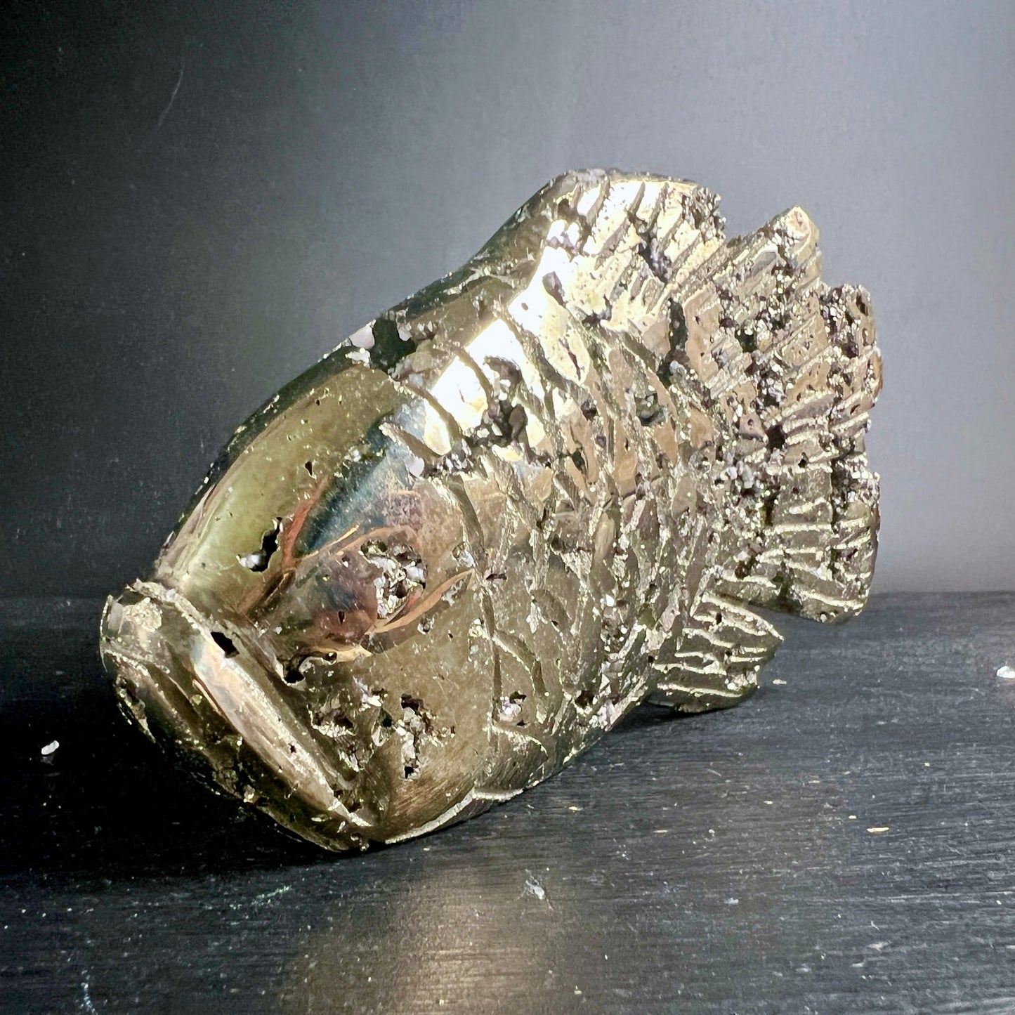 Pyrit Fisch Peru | Seitenansicht Kopf | offenes Maul | metallischer Glanz | Unikat | Happy Minerals