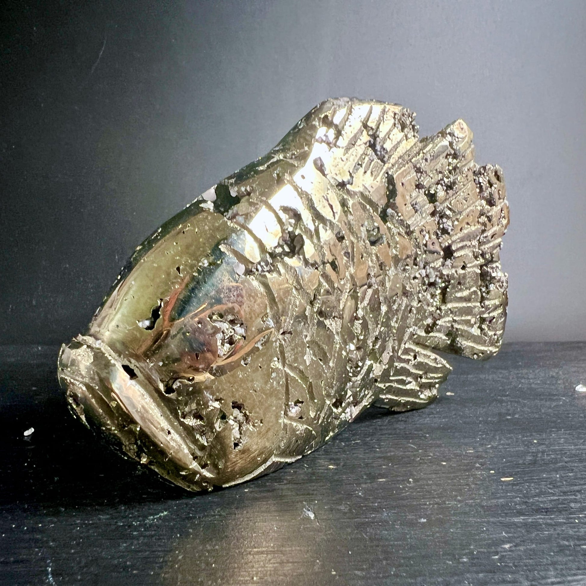 Pyrit Fisch Peru | Seitenansicht Kopf | offenes Maul | metallischer Glanz | Unikat | Happy Minerals