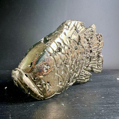 Pyrit Fisch Peru | Seitenansicht Kopf | offenes Maul | metallischer Glanz | Unikat | Happy Minerals