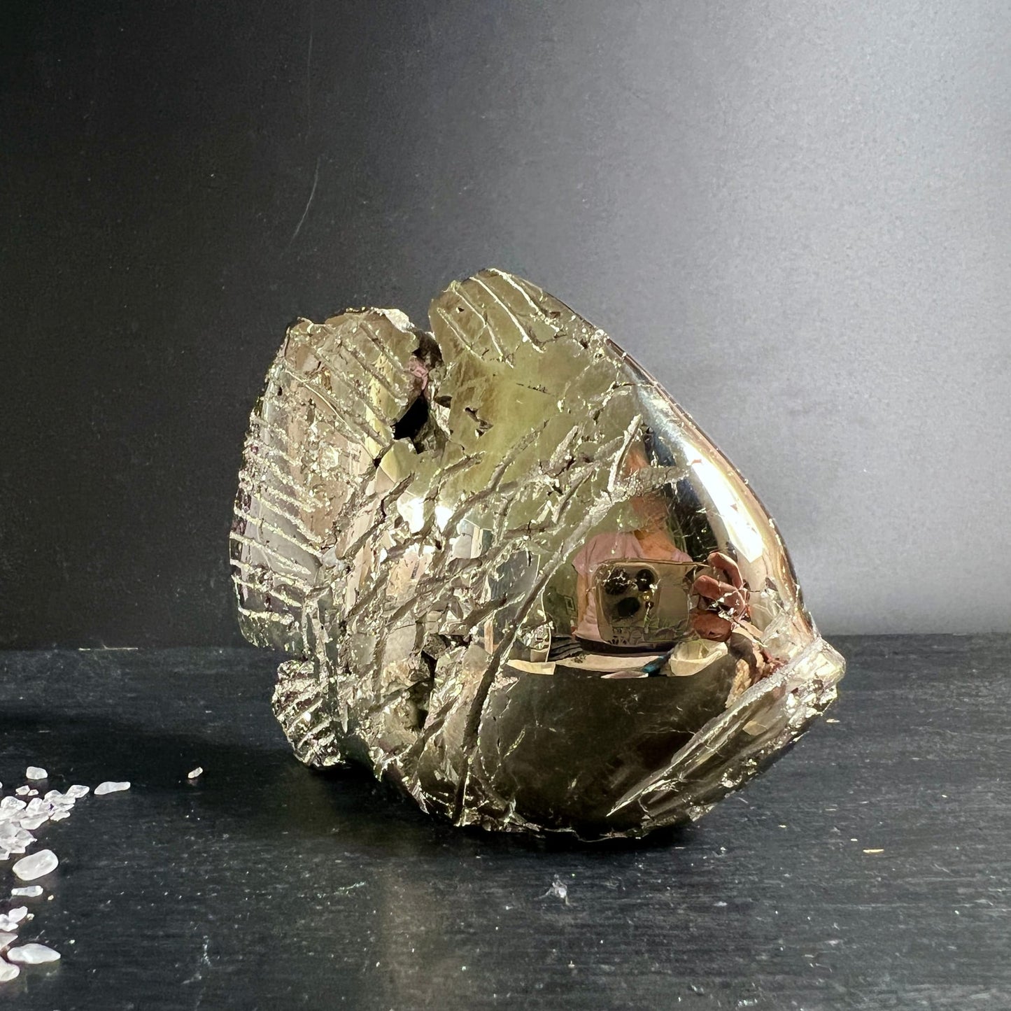 Pyrit Fisch Unikat | spiegelnde Oberfläche | Peru | Rückansicht | metallischer Glanz | Happy Minerals