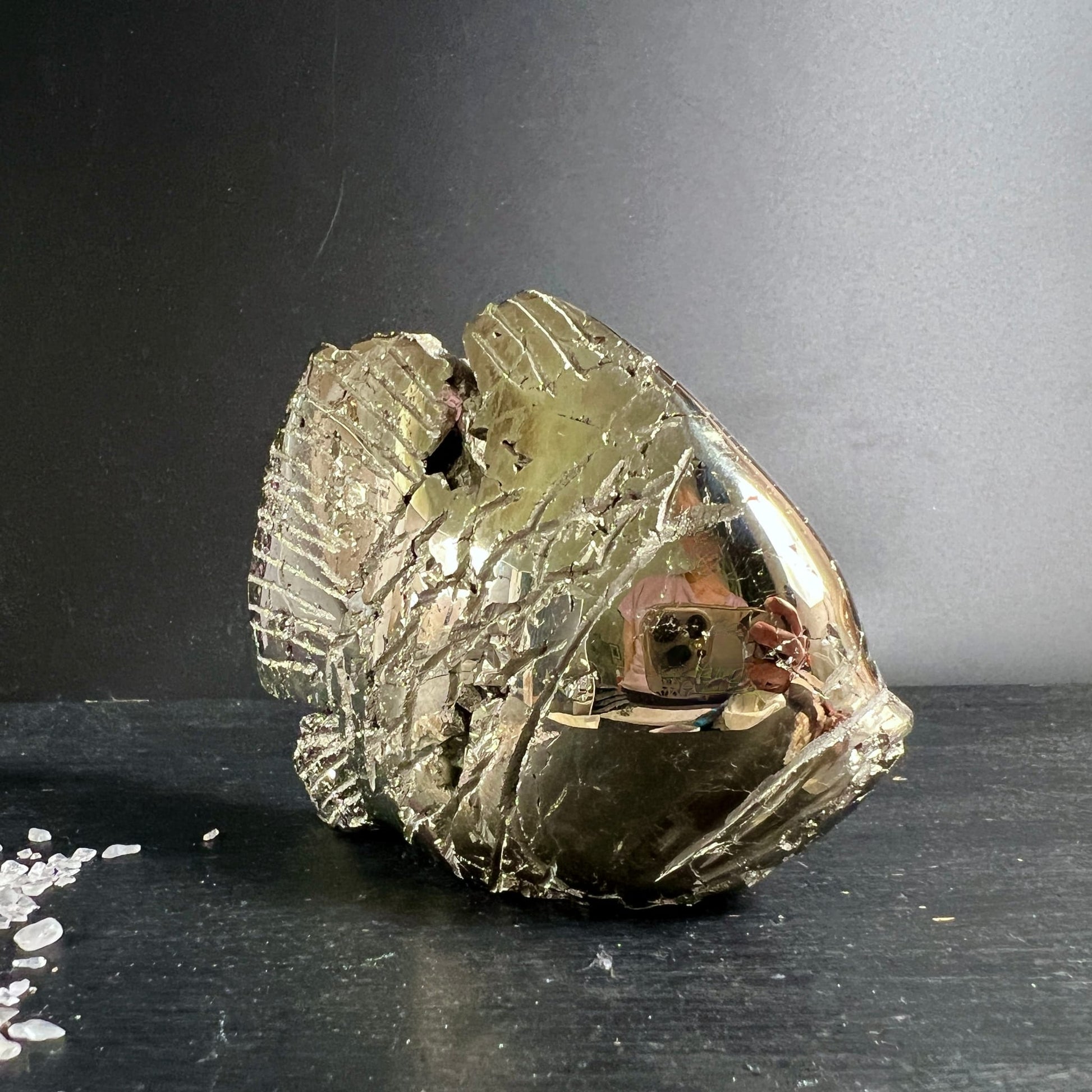 Pyrit Fisch Unikat | spiegelnde Oberfläche | Peru | Rückansicht | metallischer Glanz | Happy Minerals