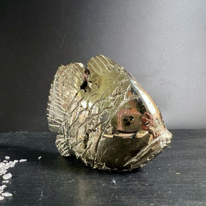 Pyrit Fisch Unikat | spiegelnde Oberfläche | Peru | Rückansicht | metallischer Glanz | Happy Minerals