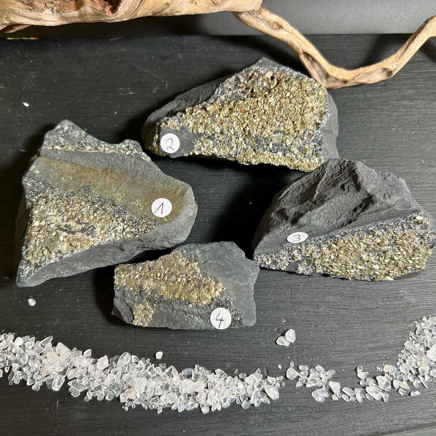 Pyrit in Schungit 57–80mm, goldener Glanz im schwarzen Gestein | Happy Minerals