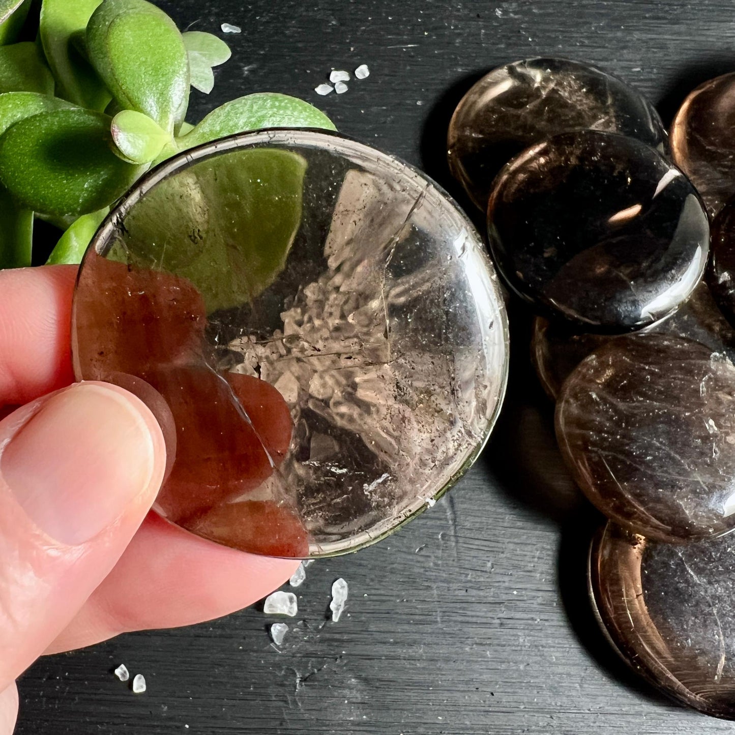 Heller klarer Rauchquarz Handschmeichler neben gruener Pflanze