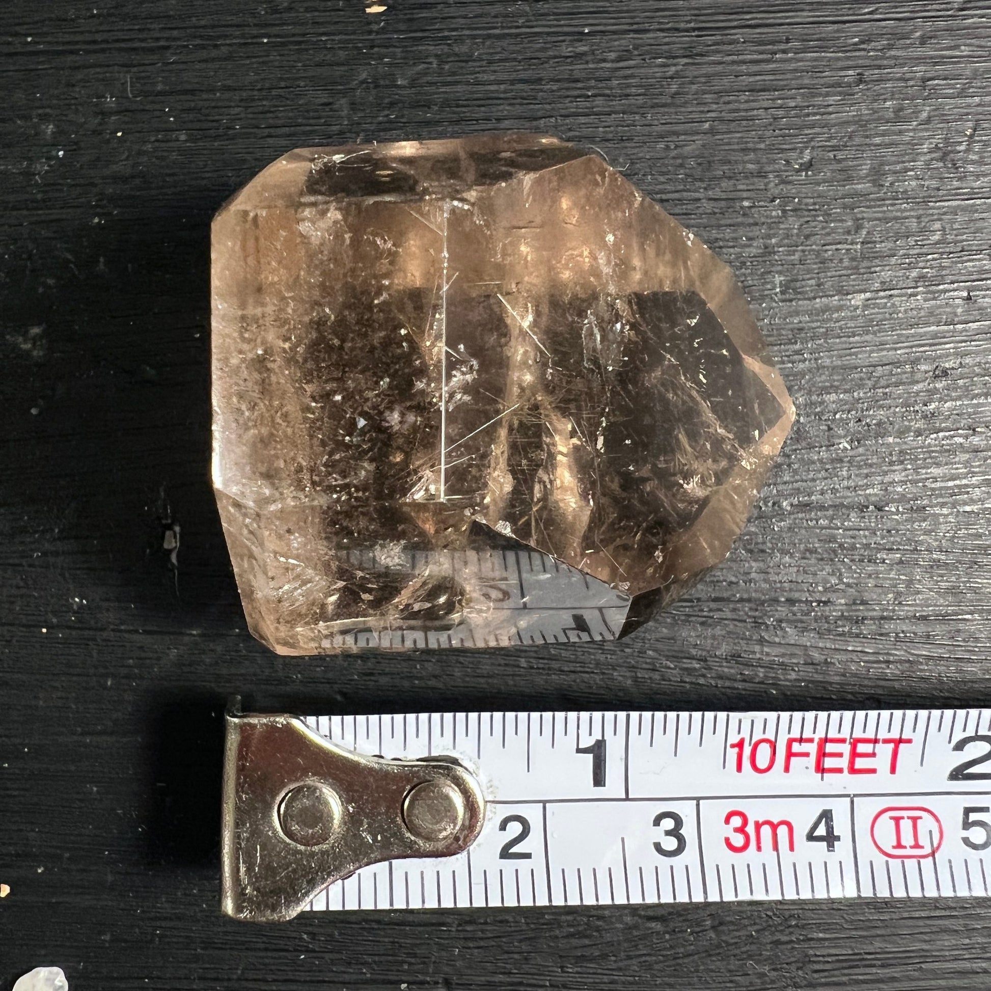 Rauchquarz mit Maßband | Größenvergleich | goldbraune Farbtöne | Rutil Nadeln sichtbar | Happy Minerals