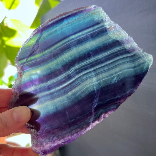 Regenbogenfluorit Platte | China | türkis violett gestreift | natürlich geschliffen | Happy Minerals