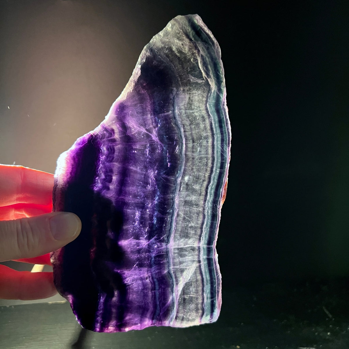 Fluorit Rohplatte mit violetten und graublauen Bandstreifen, rueckbeleuchtet transluzent | Happy Minerals