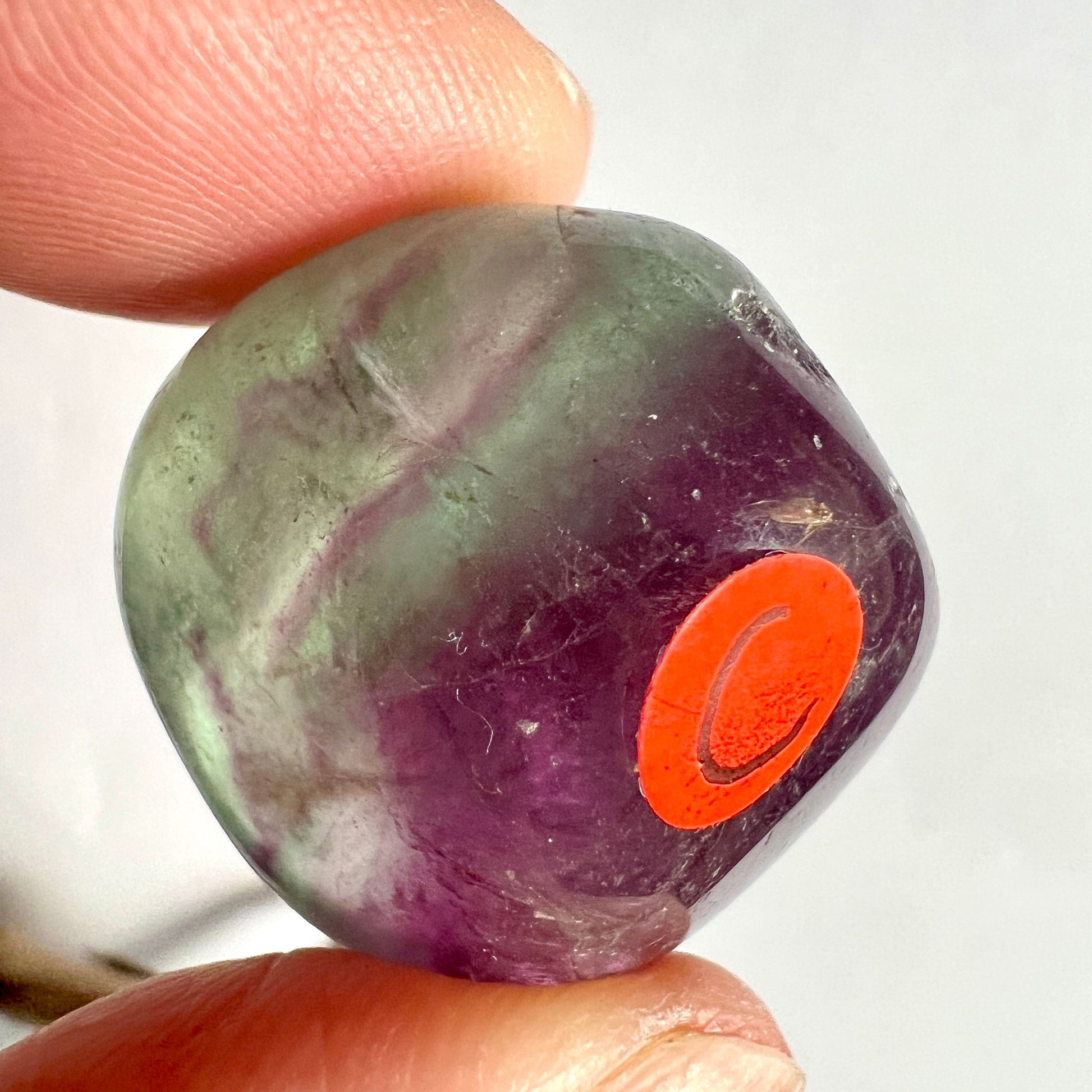 Regenbogenfluorit Variante C | grün-violett | ovaler Trommelstein | durchscheinend | China | Happy Minerals
