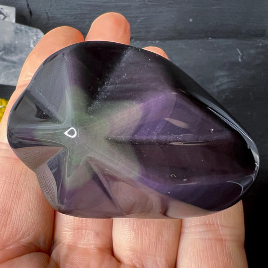 Regenbogenobsidian oval poliert, tiefschwarz mit sternförmigem grün-lila Schimmer in Mitte | Happy Minerals