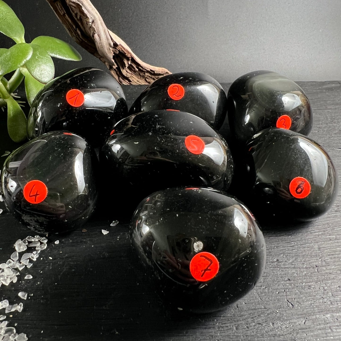 7 polierte Regenbogenobsidian Trommelsteine, tiefschwarz mit seidenartigem Glanz, leichte Einschlüsse, nummeriert | Happy Minerals