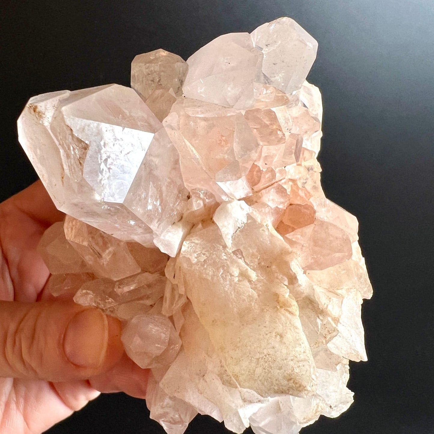 Rosa | Bergkristall | Gruppe | Nahaufnahme | Hand | facettierte | Kristallflächen | Happy Minerals