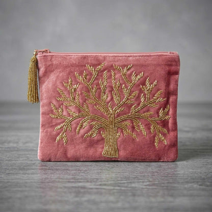 Rosa Samt Kosmetiktasche | goldene Baum Stickerei | elegante Aufbewahrung | Happy Minerals