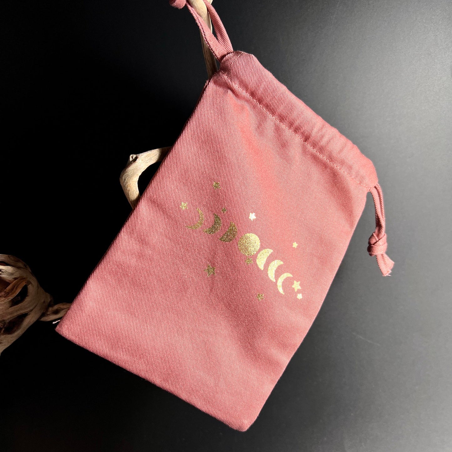 Rosa Stoffbeutel | Kordelzug | Mondphasen Gold | Kristall Aufbewahrung | Happy Minerals | Indien | Rechteckig