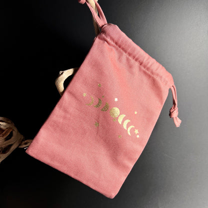 Rosa Stoffbeutel | Kordelzug | Mondphasen Gold | Kristall Aufbewahrung | Happy Minerals | Indien | Rechteckig