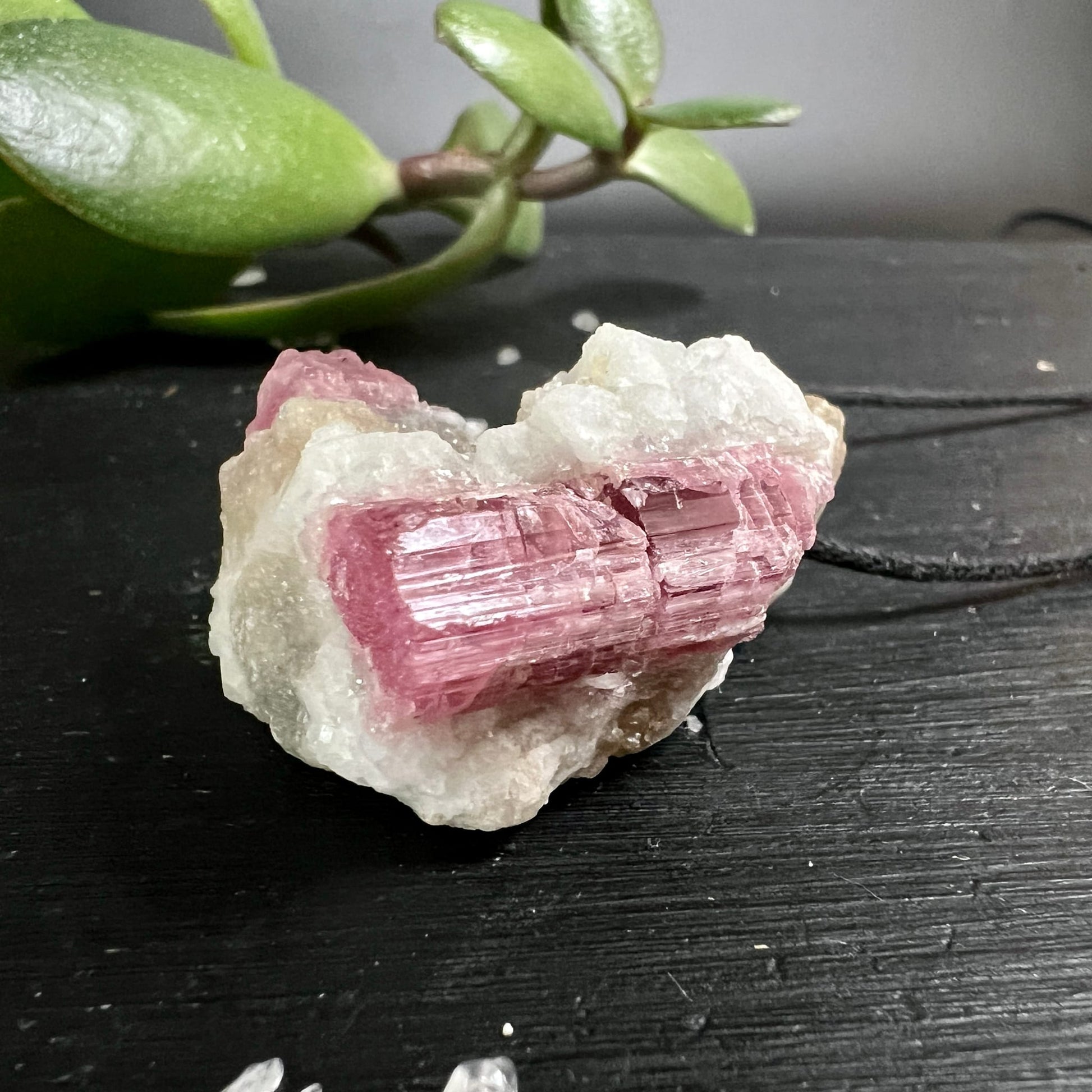 Rosa Turmalin Rohkristall mit parallelen Längsrillen, tief pink-magenta, eingebettet in weisse Albit-Matrix | Happy Minerals