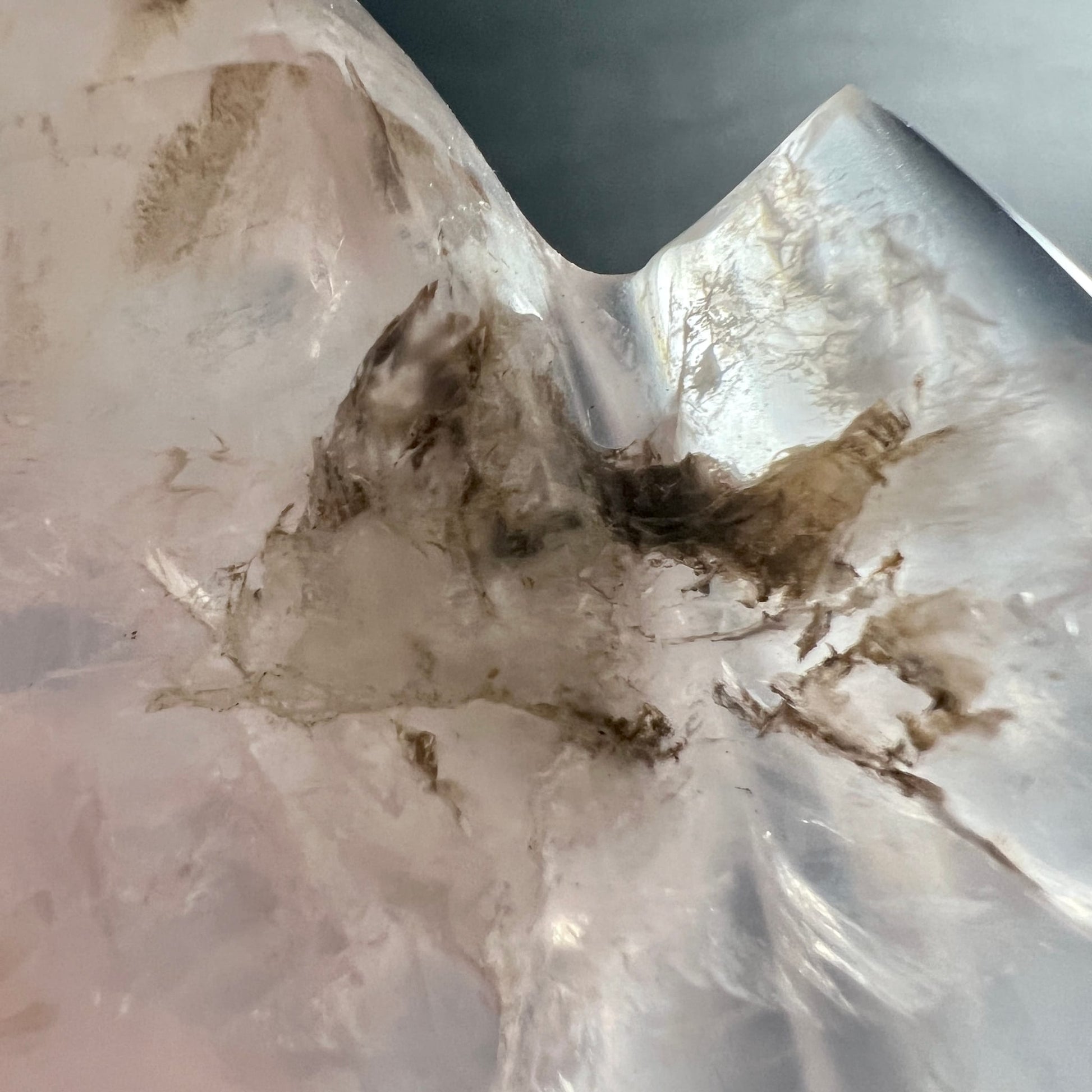 Rosenquarz Blatt | Detailansicht Mitte | dendritische Einschlüsse | zartrosa | Madagaskar | Happy Minerals