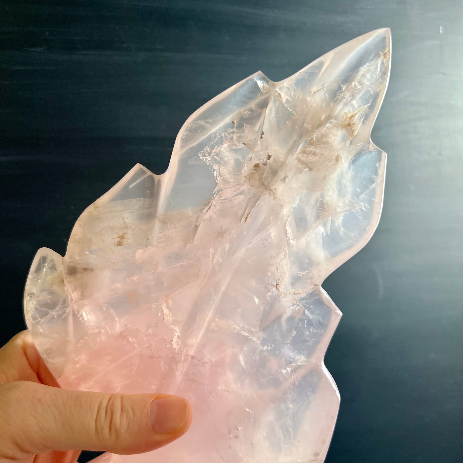 Rosenquarz Blatt in der Hand | Größenvergleich | zartrosa transparent | Einschlüsse sichtbar | Happy Minerals