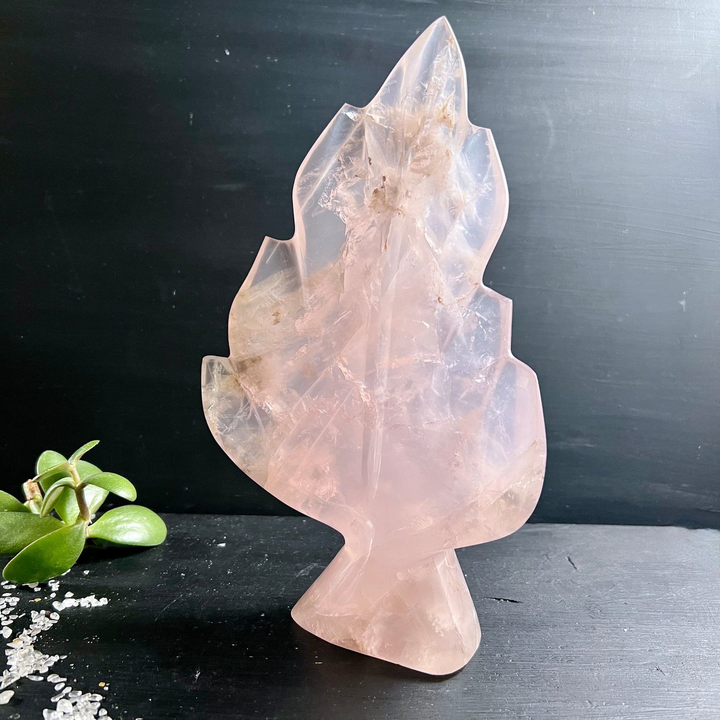 Rosenquarz Blatt Unikat | Rückseite | zarte Rosatöne | kristalline Einschlüsse | Madagaskar | Happy Minerals