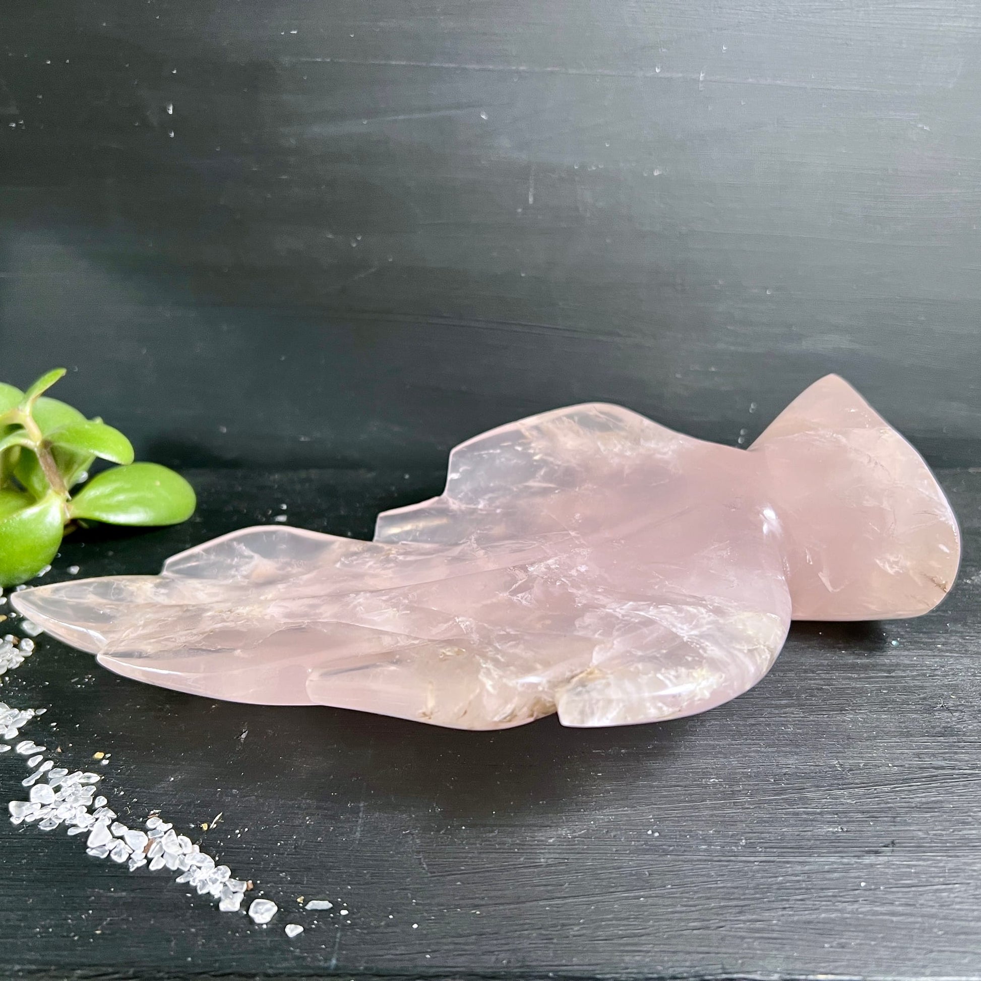 Rosenquarz Blatt als Schale | liegend | milchig-rosa | flache Unterseite | Madagaskar | Happy Minerals