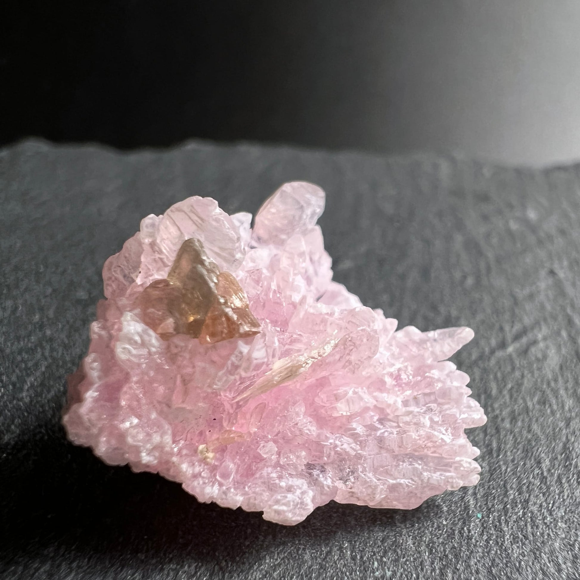 Rosenquarz Rohstein | goldener Muscovit | schimmernde Einschlüsse | zarte Kristallspitzen | Happy Minerals