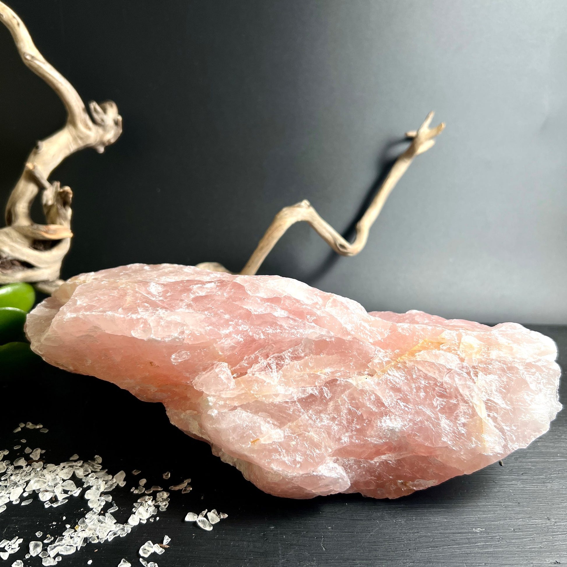 Rosenquarz Rohstein flach | dekorative Szene | Holzdeko | grüne Sukkulente | natürlich rosa | Happy Minerals