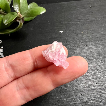 Kristalliner Rosenquarz Rohstein 17mm, zartrosa mit weissen Einschlüssen, drusenartiger Oberfläche, auf Fingerkuppe | Happy Minerals