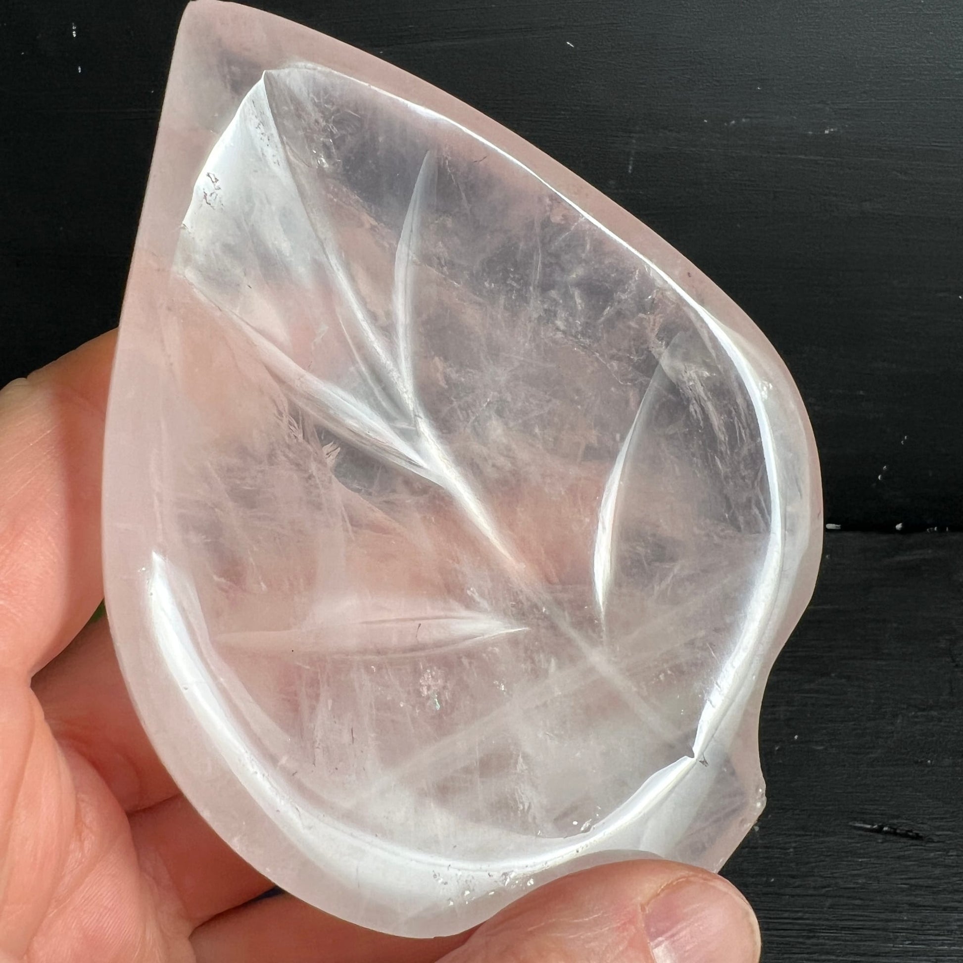 Rosenquarz Schale Madagaskar | Innenansicht in Hand | gravierte Blattadern | kristallklares Rosa | Happy Minerals