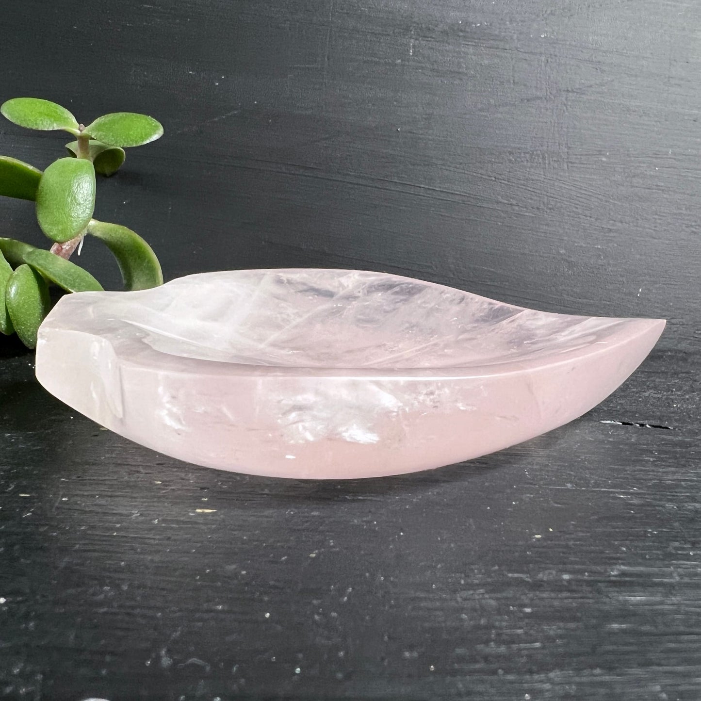 Rosenquarz Schale Blattform | liegende Seitenansicht | geschwungene Silhouette | zartes Pastellrosa | Happy Minerals