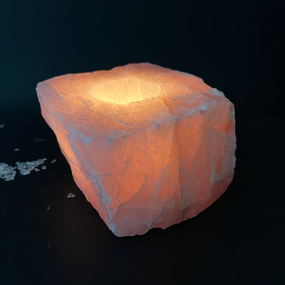Rosenquarz | Kerzenhalter | Nachtstimmung | sanftes Glühen | Kristallkanten | Happy Minerals