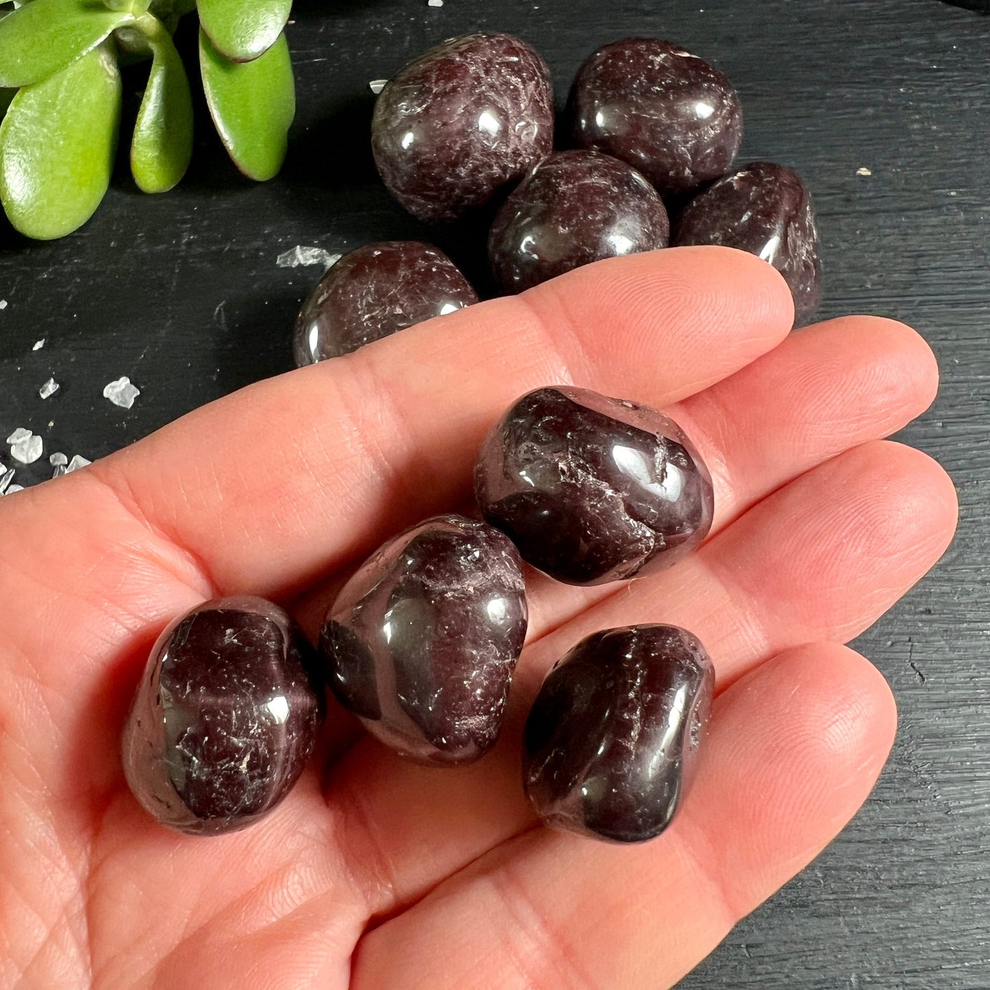 Rote Granat Trommelsteine aus Brasilien | Hand zeigt 4 polierte Edelsteine | Variante A | Happy Minerals