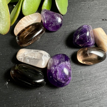 Sambia Amethyst Mondstein Rauchquarz Set | Violette cremige rauchige Farbnuancen Trommelsteine | Happy Minerals