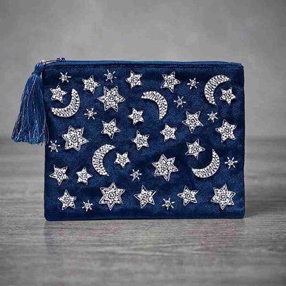 Samtasche Vorderseite | Silber Sterne & Monde | Perlenbestickung | Spirituelle Tasche | Indien | Happy Minerals
