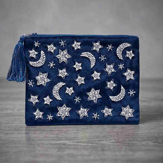 Samtasche Vorderseite | Silber Sterne & Monde | Perlenbestickung | Spirituelle Tasche | Indien | Happy Minerals