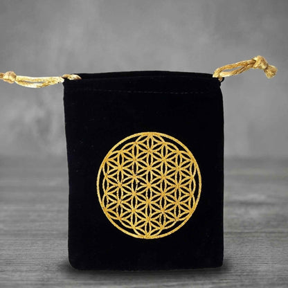 Schwarzer Samtbeutel | goldene Blume des Lebens Stickerei | Zugband | Happy Minerals