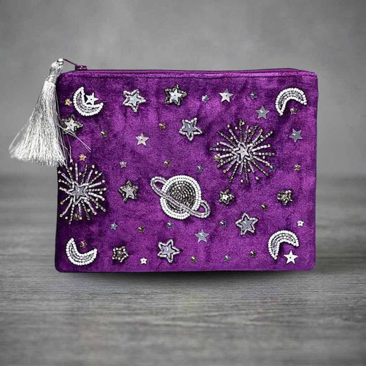 Violette Samttasche bestickt | Sterne Mond Planet | silber Pailletten | Tarot Kristallbeutel | Happy Minerals