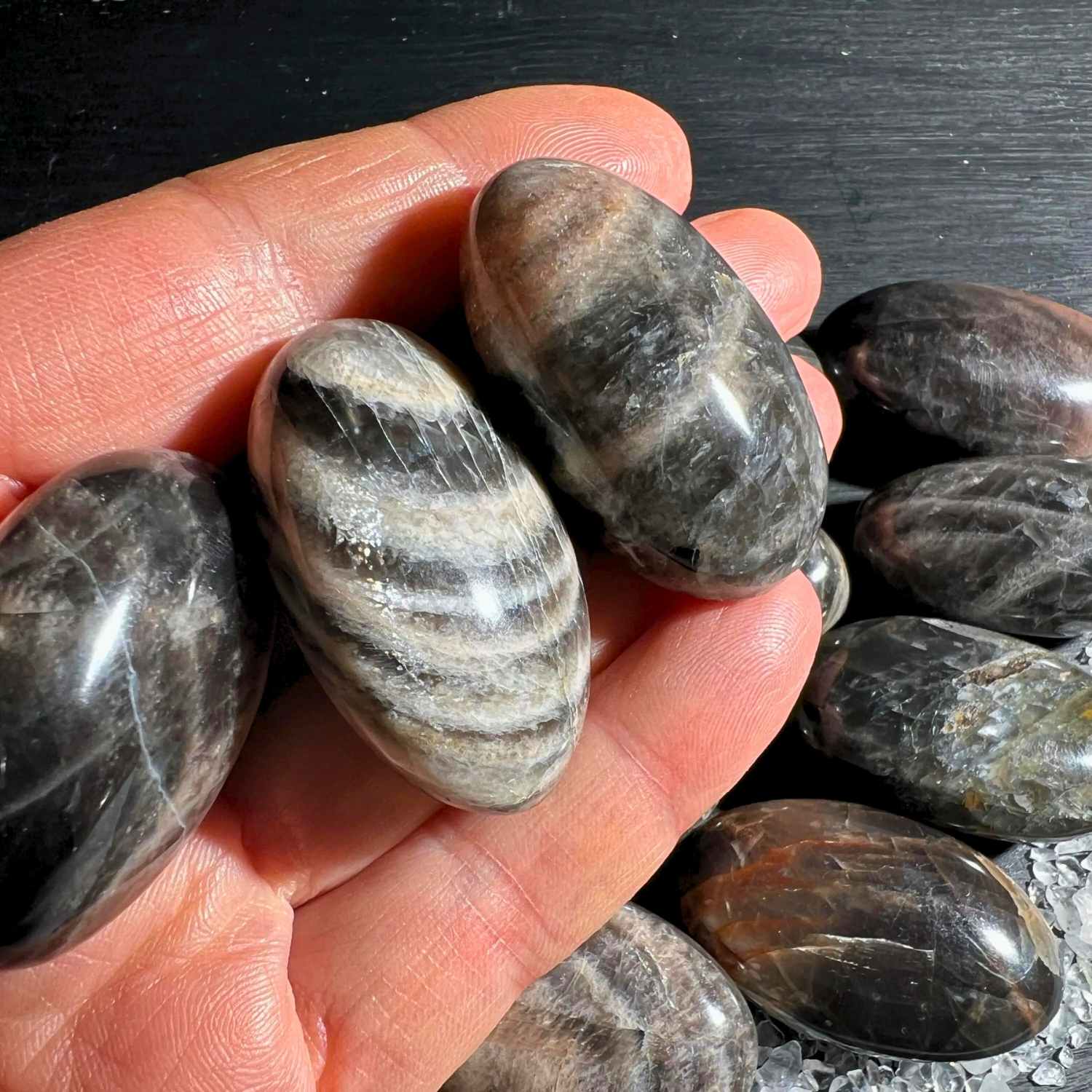Drei schwarze Mondstein Palm Stones in Handfläche Größenvergleich